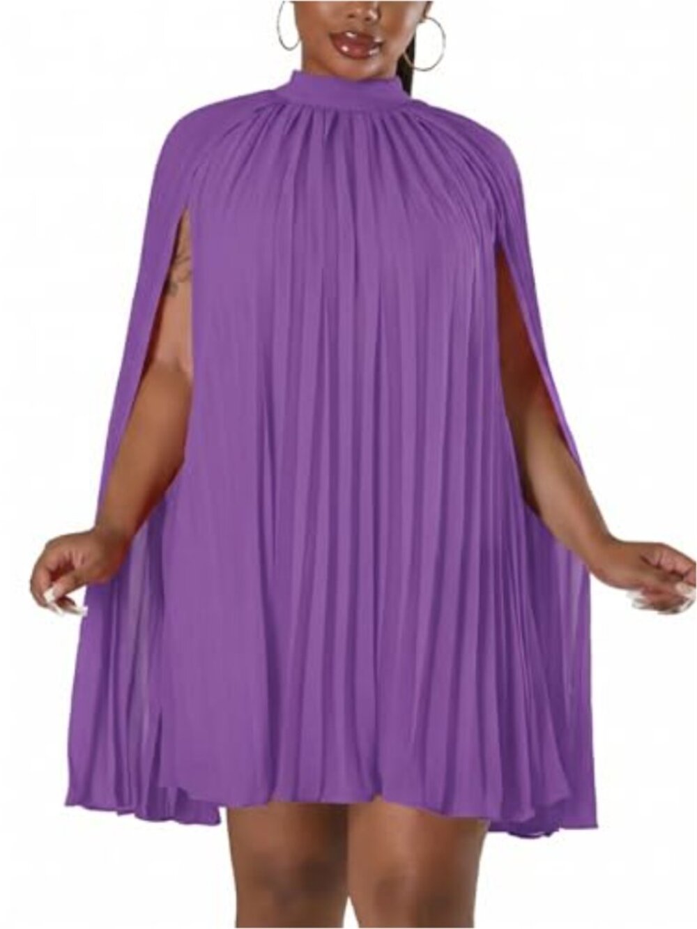Women's Cape Sleeve Pleated Split Short Dress Loose Fit Cocktail Party Flowy